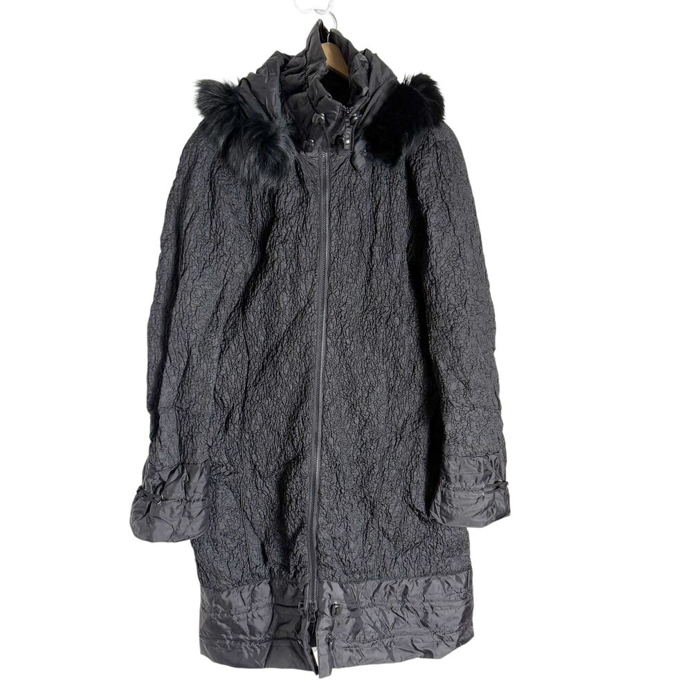 Et Dieu Crea La Femme Black Crinkled Faux Fur Trim Hooded Coat Size 8